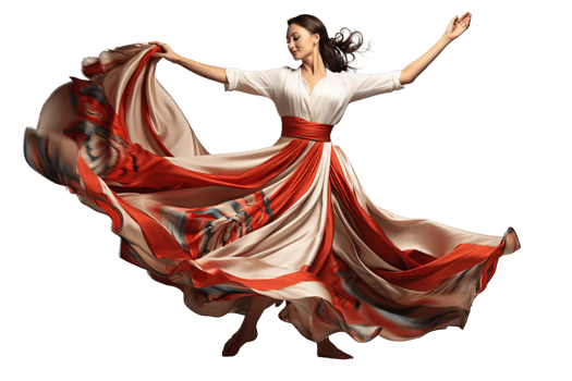 A woman in a red and white dress is dancing with her arms outstretched. The dress is long and flowing, and the woman's hair is pulled back. Concept of grace and elegance png