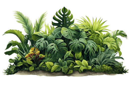 A lush green jungle with a variety of plants and trees. The image has a vibrant and lively mood, with the plants and trees creating a sense of abundance and growth png