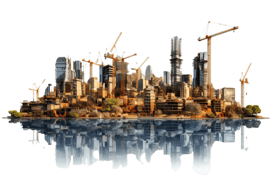 A city skyline with a large crane in the middle. The city is being built on a body of water png