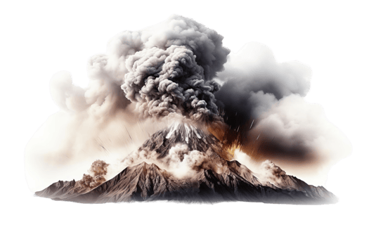 A volcano erupts with a lot of smoke and ash. The volcano is surrounded by a mountain range png