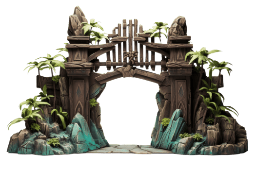 A bridge made of wood and stone with palm trees in the background. The bridge is surrounded by rocks and has a jungle-like atmosphere png