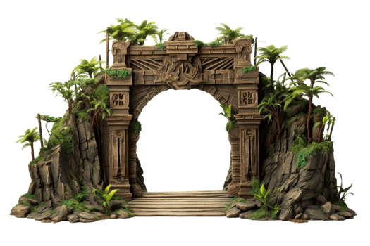 A large archway with a jungle setting. The archway is made of stone and has a lot of greenery surrounding it. The scene is set in a tropical environment with palm trees and lush vegetation png