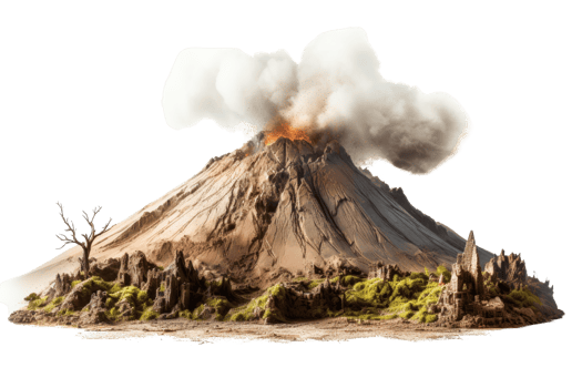 A volcano with smoke and fire coming out of it. The volcano is surrounded by rocks and trees png