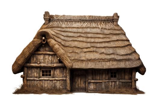 A small, old house with a thatched roof and wooden walls. The house is surrounded by grass and he is abandoned png