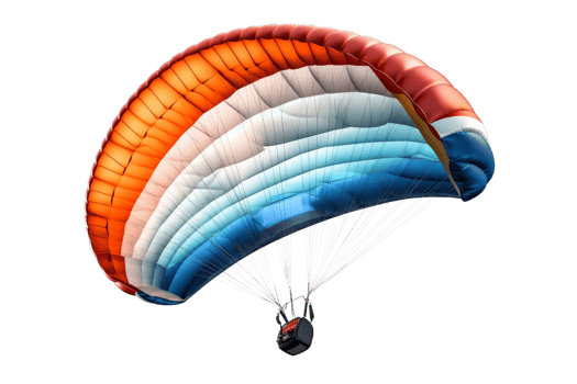 A colorful parachute is flying in the air. The parachute is orange, blue, and white. The parachute is being flown by a person png