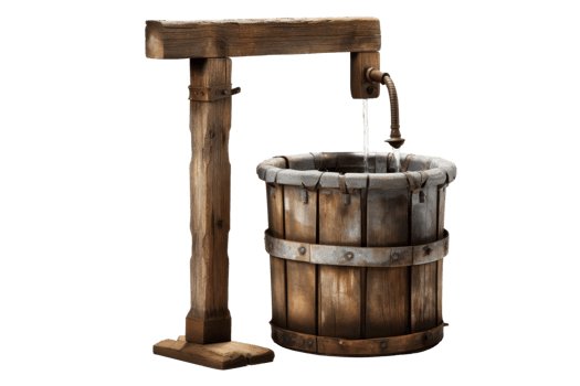 A wooden bucket with a metal pipe attached to it. The bucket is filled with water and the pipe is dripping water. The image has a rustic and old-fashioned feel to it png