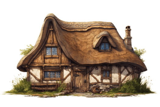 A small house with a thatched roof and a chimney. The house is surrounded by grass and he is in a rural setting png