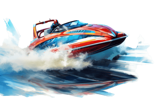 A red speed boat is in the water, with a man in the driver's seat. The boat is moving fast and leaving a wake behind it. Concept of excitement and adventure, as well as the thrill of water sports png