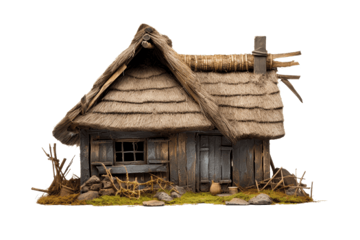 A small, old, and dilapidated house with a thatched roof. The house is surrounded by grass and rocks png