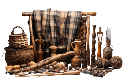A collection of items including a basket, a blanket, and a wooden stick. The items are arranged in a way that creates a sense of nostalgia and warmth png