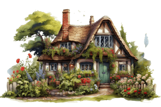 A house with a green door and a green roof. The house is surrounded by a garden with flowers and plants png
