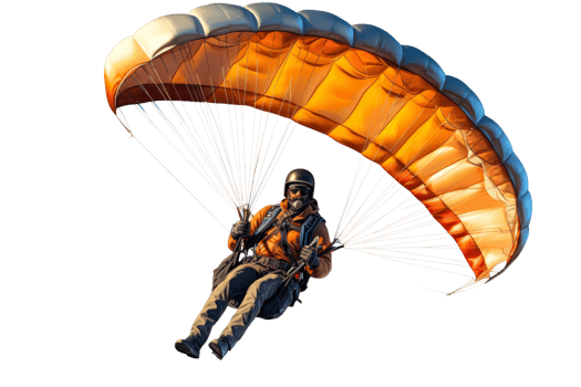 A man is flying a parachute. The parachute is orange and white. The man is wearing a helmet png