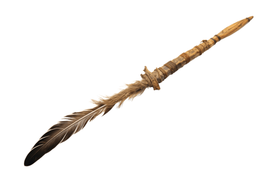 A long, thin, wooden object with feathers on it. It is brown and has a natural, rustic appearance png