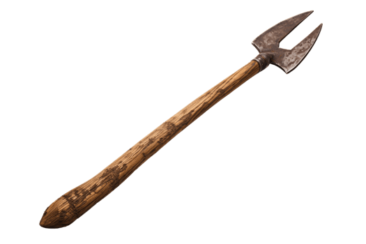 Photograph of a vintage wooden-handled forked farm tool with three metal prongs. Ideal for agricultural, gardening, and rustic themed projects. png