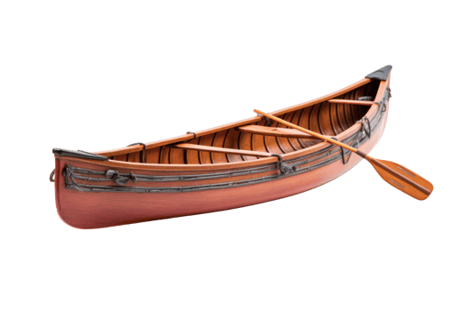 Wooden canoe with paddle isolated on transparent background. Perfect for adventure, travel, and outdoor activity themes in stock photos. png