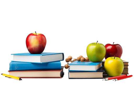 A stack of books with apples on top and a pencil on the bottom. The apples are green and red and the books are blue png