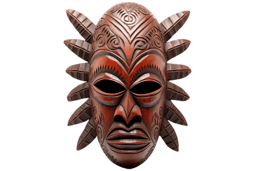 A wooden mask with feathers on it. The mask is brown and has a feathery design png