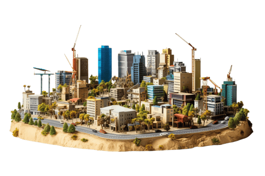 A model of a city with a lot of construction going on. The buildings are tall and there are many cranes in the background. The city is bustling with activity png