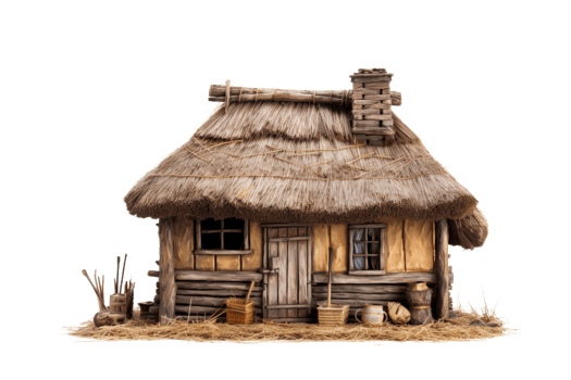 A small, old house with a thatched roof and a chimney. The house is surrounded by straw and he is abandoned png