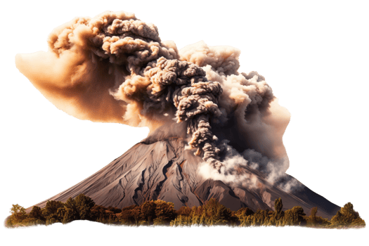 A volcano is spewing smoke and ash into the air. The scene is dramatic and intense, with the volcano towering over the landscape. The smoke and ash create a sense of danger and destruction png
