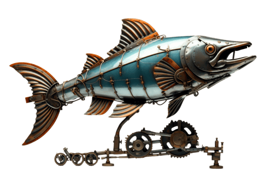 Steampunk mechanical fish sculpture with intricate gears and metallic accents on a transparent background. png