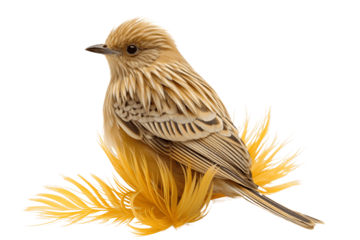 A small bird with brown and white feathers sits on a yellow feather. The bird is looking up at the camera png