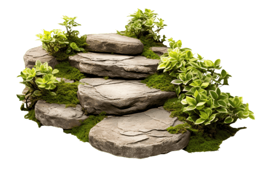A rock garden with moss and green plants. The plants are growing on the rocks and the moss is covering the ground. The garden has a natural and peaceful feel to it png