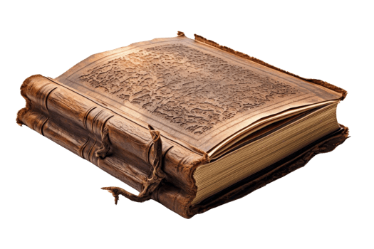 A book with a leather binding and a gold embossed spine. The spine is frayed and the pages are yellowed. The book is open to a page with a large, ornate design png