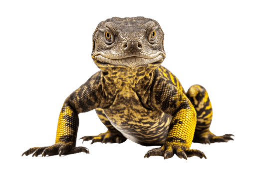 Close-up of a colorful lizard with black and yellow scales, isolated on transparent background. showcasing its detailed and vibrant pattern. png