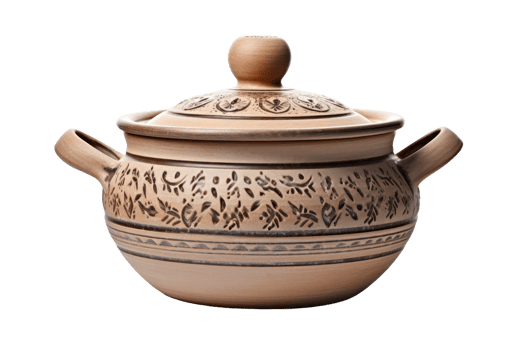 Close-up of a decorative clay pot with handles and a lid, featuring intricate patterns. Ideal for traditional kitchen decor. png