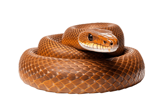 Close-up of a coiled brown snake with detailed scales and piercing eyes on a transparent background. png