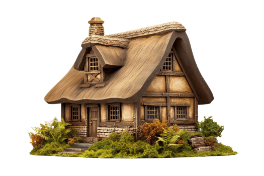 A small, old-fashioned house with a thatched roof and wooden siding. The house is surrounded by a lush green garden png