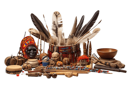 A collection of items including feathers, a skull, and a bowl. Scene is one of curiosity and intrigue, as the items seem to be from a different culture or time period png
