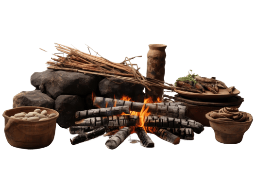 A fire is burning in front of a pile of wood and a bowl of nuts. The scene is rustic and primitive, with a sense of warmth and comfort png