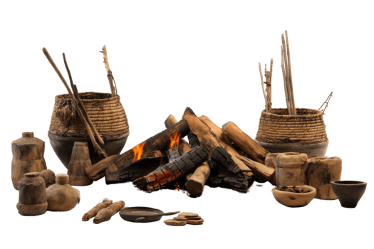 Traditional earthenware and wooden objects by a fireplace, showcasing rustic craftsmanship and heritage. Perfect for cultural and historical themes. png