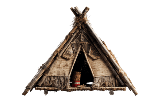Traditional wooden teepee hut with rustic design, showcasing natural wood and thatch materials, perfect for outdoor or rural themes. png