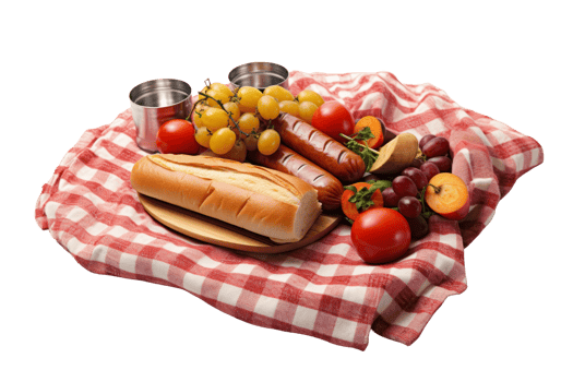 A red and white checkered tablecloth with a variety of food items including bread, grapes, tomatoes, and sausage png