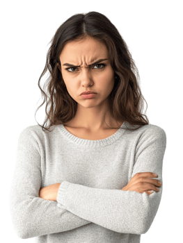 Angry Displeased Woman with Crossed Arms against transparent background for Negative Feedback Conflict png