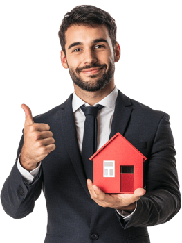 Real estate agent holding house in one hand and giving a thumbs up with the other against transparent background png
