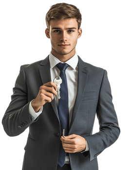 Real estate agent holding key against transparent background real estate and security-related contexts png