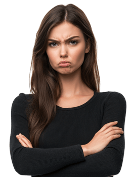 Angry Displeased Woman in black with Crossed Arms against transparent background for Negative Feedback or Conflict png