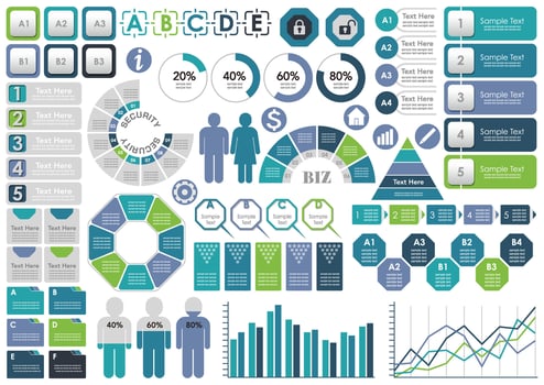 Set Of Assorted Business-Related Infographics, Tags, And Icons Isolated On A White Background. vector