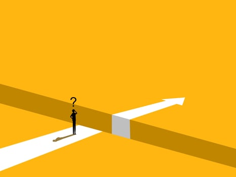 Obstacle Concept. man Standing on the Edge of the Arrow Gap vector