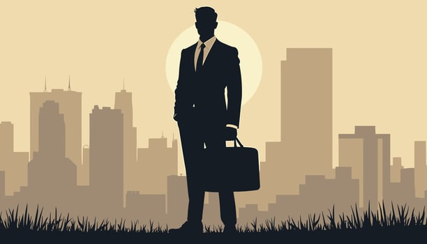 Silhouette of a businessman holding a briefcase, set against a city skyline at dusk with a warm, golden sky. vector