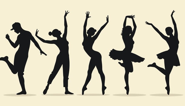 Silhouettes of diverse dancers striking elegant poses against a light background, showcasing various dance styles and expressions of art and movement. vector