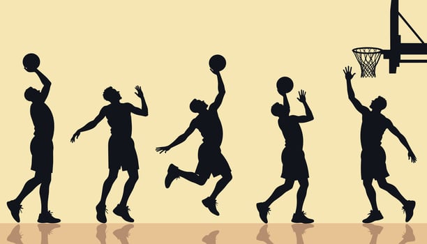 Silhouettes of five male basketball players executing a jump shot sequence against a neutral background, showcasing athleticism and dynamic movement. vector