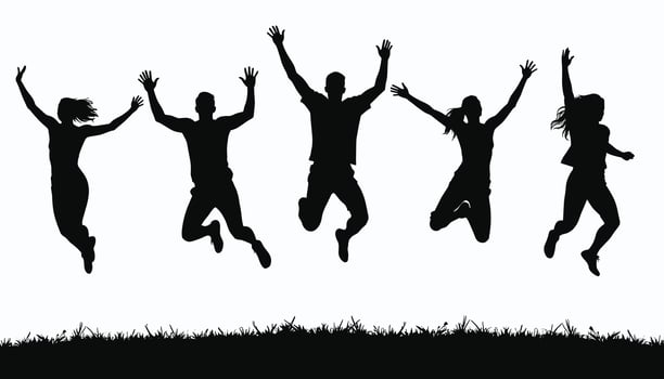 Group of five people joyfully jumping in silhouette against a white background, expressing freedom and energy. vector