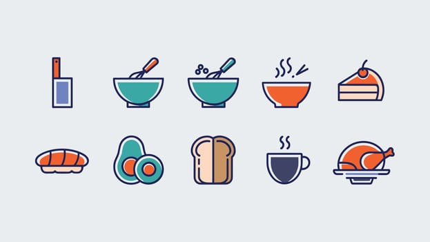 A set of colorful food and drink icons including bowls, cake, sushi, avocado, bread, coffee, and roasted chicken, representing various meals and ingredients. vector