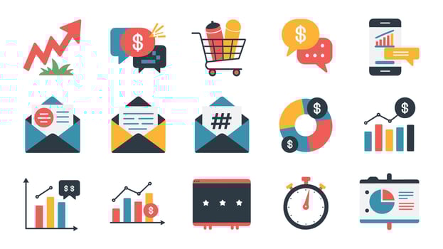 A collection of colorful financial and communication icons depicting graphs, emails, shopping, and analytics on a white background. vector