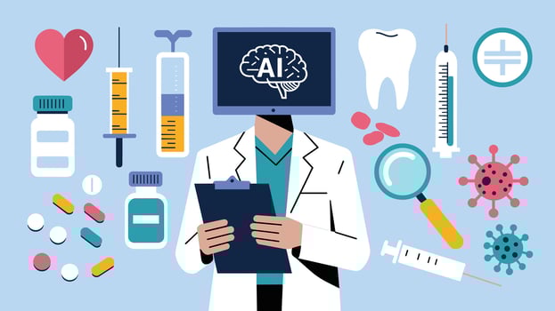 Illustration of a doctor with an AI head surrounded by medical icons, symbolizing the integration of artificial intelligence in healthcare. vector